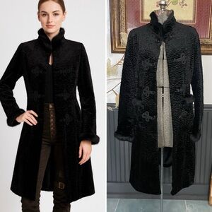 Cuero Faux Lamb Fur Coat w Real Rabbit Fur Trim Steampunk Victorian - Sz S 🧡🎀